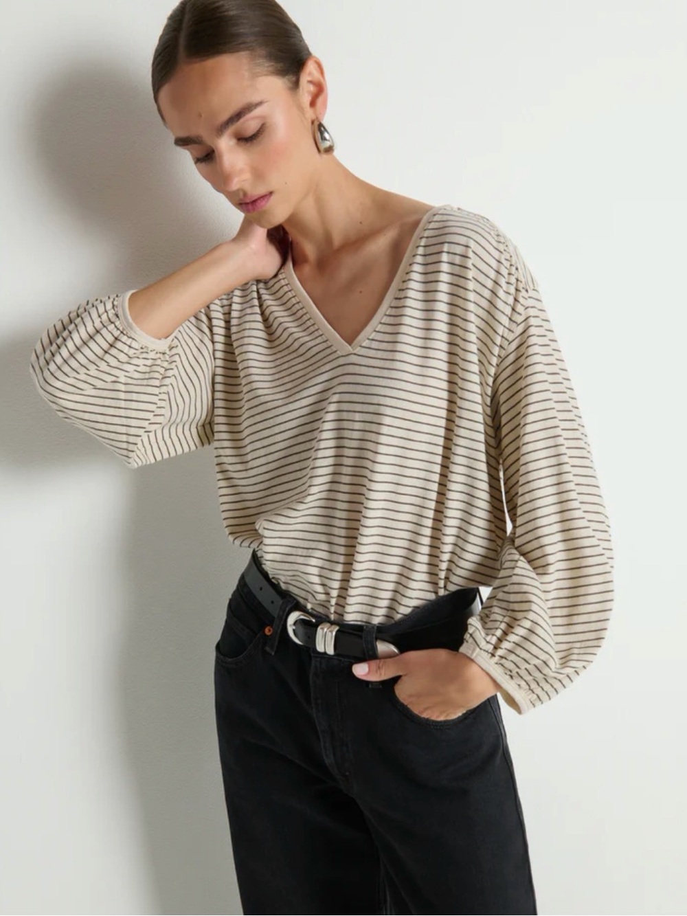 Nation LA Savanna Cream Striped V‑Neck Balloon Sleeve Top, Organic Cotton -XS